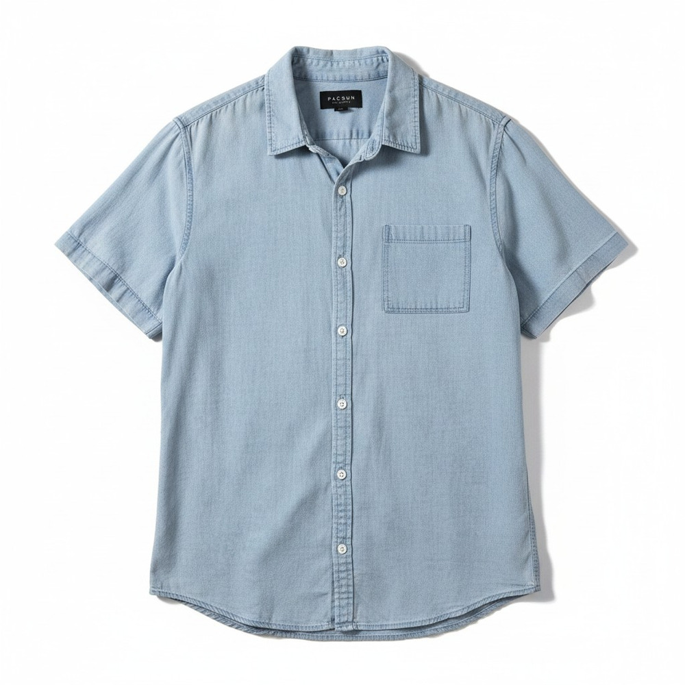 Pacsun Mens Chambray Denim Short Sleeve Button Down Shirt Light Blue M Coastal